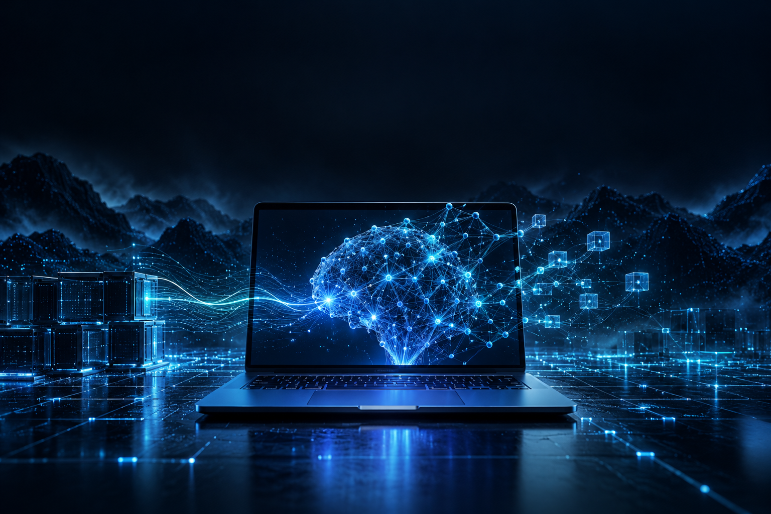 A laptop running a luminous AI model locally against a dark blue digital landscape